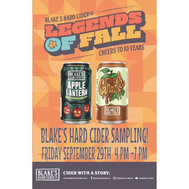 How Does The Warm Fall Taste Of Roasted Pumpkin And Caramel Apple Sound? Come Try Out These Ciders From Blake’s @ Bremer’s Wine & Liquor Tonight From 4-7! 🍎🎃 #legendsoffall #blakeshardcider