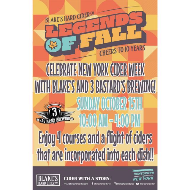 It’s New York Cider Week. Who Better Than Blake’s To Celebrate With?! Check Out This Pairing At 3 Bastards Brewing Sunday October 15th From 10-4… 🥞🍎

#newyorkcider #newyorkciderweek #blakeshardcider #blakeshardciderco #pairing #brunch